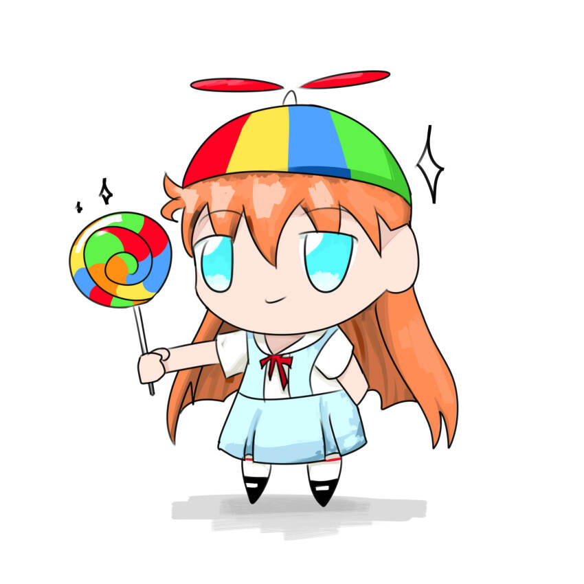 1girl blue_eyes candy food highres holding holding_candy holding_food holding_lollipop lollipop long_hair neon_genesis_evangelion propeller_hat red_hair simple_background skirt smile solo souryuu_asuka_langley
