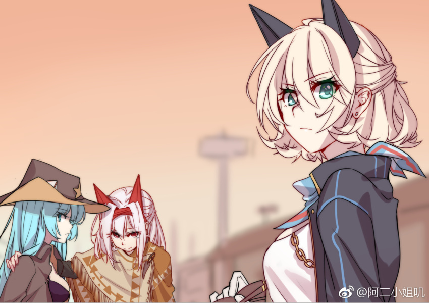 3girls aer_(tengqiu) alternate_costume blonde_hair blue_eyes blue_hair breasts colorado_(warship_girls_r) cowboy_hat earrings gloves hat horns jewelry long_hair maryland_(warship_girls_r) multiple_girls red_eyes short_hair warship_girls_r watermark weibo_watermark west_virginia_(warship_girls_r) white_hair