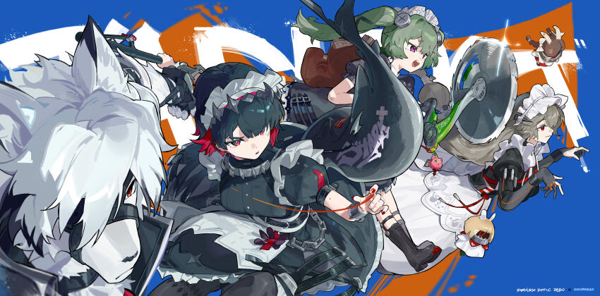 1boy 3girls absurdres alexandrina_sebastiane anastella_(zenless_zone_zero) animal_ears bangboo_(zenless_zone_zero) black_dress black_footwear black_hair circular_saw corin_wickes dress drusilla_(zenless_zone_zero) ellen_joe fins fish_tail furry furry_male gohanduck green_hair grey_hair highres holding holding_weapon maid_headdress multiple_girls open_mouth puffy_short_sleeves puffy_sleeves purple_eyes red_eyes red_hair red_nails saw shark_tail short_sleeves tail twintails von_lycaon weapon wolf_ears zenless_zone_zero