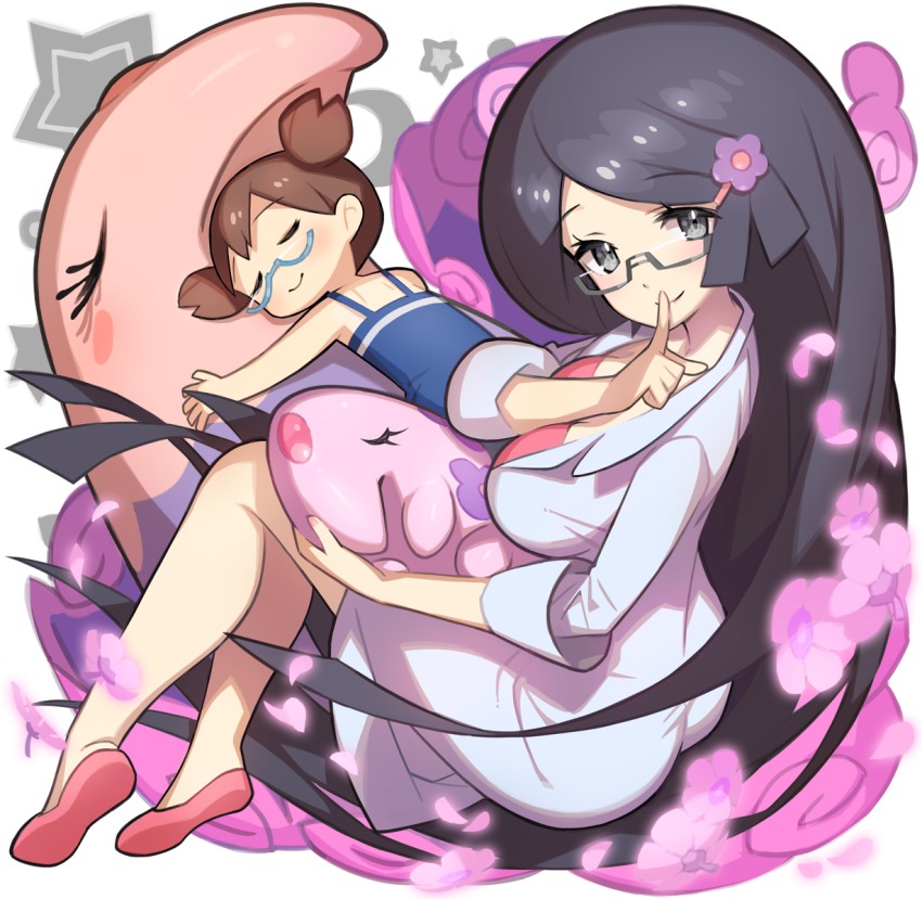 10s 2girls amanita_(pokemon) ass bad_id bad_pixiv_id black_hair brown_hair evolutionary_line fennel_(pokemon) finger_to_mouth flower full_body gen_5_pokemon glasses hair_flower hair_ornament hairclip highres lab_coat long_hair looking_at_viewer multiple_girls munna musharna nintendo petals pokemon pokemon_(creature) pokemon_bw saitou_naoki school_kid_(pokemon) semi-rimless_eyewear siblings sisters sleeping sleeves_rolled_up smile two_side_up very_long_hair