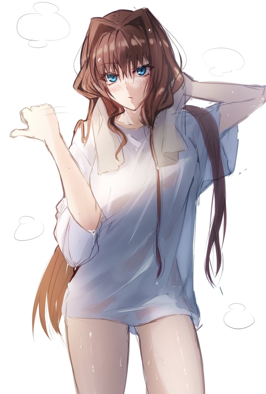 1girl aozaki_aoko blue_eyes blush breasts brown_hair hair_intakes highres large_breasts long_hair looking_at_viewer mahou_tsukai_no_yoru shirt short_sleeves sidelocks solo thighs toomishou towel towel_around_neck wet white_shirt