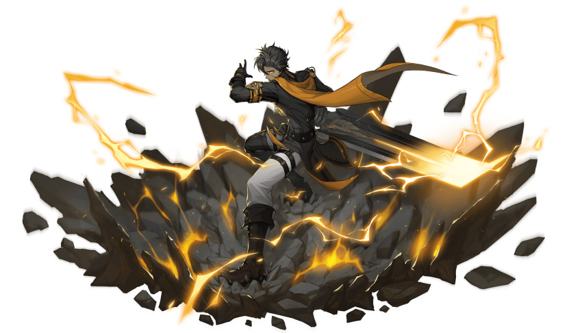 1boy absurdres asymmetrical_footwear black_boots black_gloves black_hair black_jacket boots broken_ground cape dark-skinned_male dark_skin electricity electrokinesis faux_traditional_media floating_rock from_side full_body gloves glowing glowing_weapon ground_shatter highres holding holding_weapon jacket legs_apart lightning looking_at_viewer male_focus official_art pants profile rememento:_white_shadow scar scar_on_face short_hair solo standing theodore_(rememento) transparent_background uneven_footwear weapon white_pants yellow_cape yellow_eyes