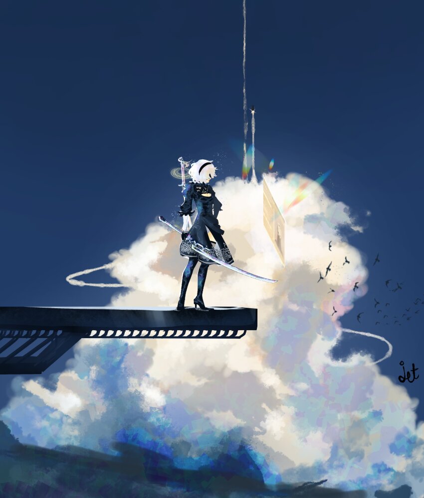 1girl 2b_(nier:automata) absurdres bird black_dress black_hairband black_thighhighs blindfold blue_sky boots breasts clothing_cutout cloud commentary contrail covered_eyes day dress english_commentary feather-trimmed_sleeves feather_trim full_body gloves hairband high_heel_boots high_heels highres holding holding_sword holding_weapon holographic_interface jetstream012 juliet_sleeves katana lens_flare leotard leotard_peek long_sleeves nier:automata nier_(series) outdoors puffy_sleeves scenery short_hair signature sky solo standing sword thighhighs thighhighs_under_boots virtuous_contract weapon white_hair white_leotard wide_shot