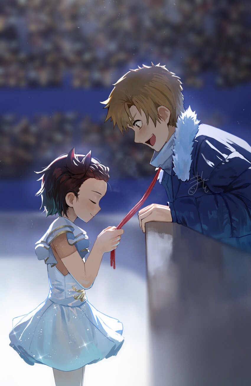 1boy 1girl :d absurdres akeuraji_tsukasa blonde_hair blue_jacket braid brown_hair closed_eyes down_jacket drawstring dress from_side fur-trimmed_jacket fur_trim gomashiwo_o highres holding holding_string jacket medalist_(manga) open_mouth scene_reference signature skating_rink smile string teeth upper_teeth_only white_dress yuitsuka_inori