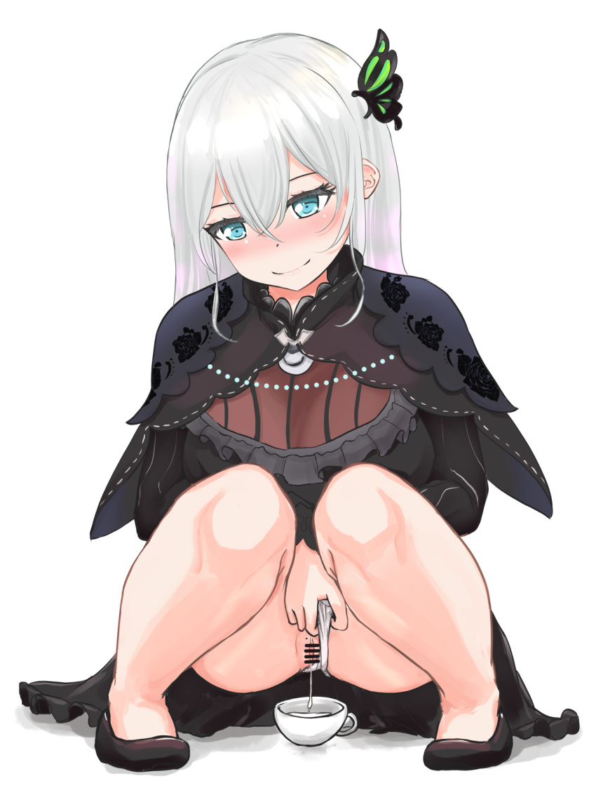 1girl bar_censor blue_eyes blush censored clothing_aside cup echidna_(re:zero) highres long_hair looking_at_viewer panties panties_aside pee peeing peeing_in_cup pussy re:zero_kara_hajimeru_isekai_seikatsu siliao_ji_(rbmsites) smile squatting teacup underwear white_background white_hair