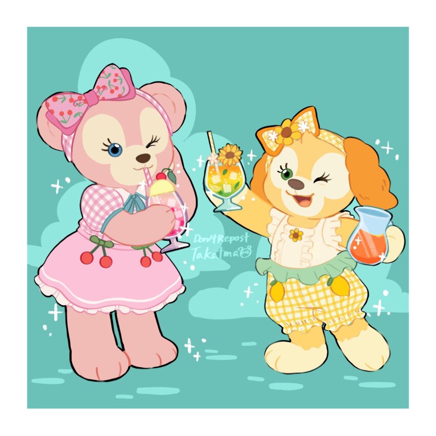 animal_ears animification bear bear_ears bear_girl cookieann dog_ears dog_girl drink duffy_and_friends full_body highres holding looking_at_viewer multiple_girls no_humans personification shelliemay shirt smile standing takatmaorange