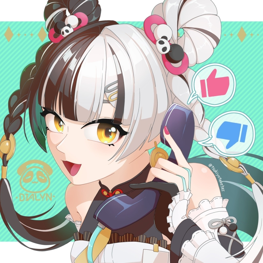 1girl bare_shoulders black_hair braid breasts detached_sleeves dialyn_(zenless_zone_zero) highres looking_at_viewer medium_breasts multicolored_hair nail_polish open_mouth phone smile solo split-color_hair thumbs_down thumbs_up tsukiyotake545 twitter_username upper_body white_hair zenless_zone_zero