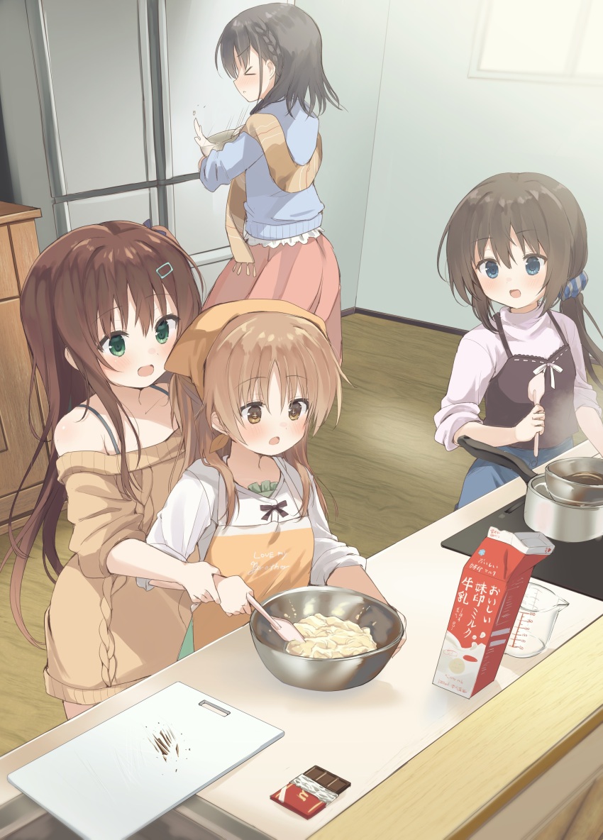 &gt;_&lt; +_+ 4girls :o absurdres apron aran_sweater bandana batter black_bow black_hair blue_eyes blue_skirt blue_sweater blush bow bra_strap braid brown_eyes brown_hair bumping cable_knit candy chocolate chocolate_bar closed_mouth clothes_writing collarbone commentary cooking cooking_pot cutting_board english_text food green_eyes hair_ornament hairclip helping highres holding holding_another&#039;s_wrist holding_spatula indoors kitchen long_hair looking_at_another measuring_cup medium_hair milk_carton mixing mixing_bowl multiple_girls off-shoulder_sweater off_shoulder onami_akane onami_kohaku onami_sora onami_sumi onii-chan_asa_made_zutto_gyu_tte_shite! open_mouth pink_skirt pink_sweater scarf siblings side_ponytail sidelocks sisters skirt sleeves_rolled_up smile spatula sweater takepoison turtleneck turtleneck_sweater valentine yellow_apron yellow_bandana yellow_scarf