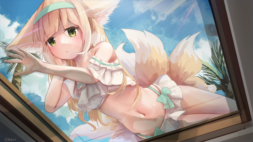 1girl absurdres against_glass alternate_costume animal_ears aqua_hairband arknights bikini blonde_hair breasts chinese_commentary closed_mouth commentary_request fox_ears fox_girl fox_tail frilled_bikini frills green_eyes hairband highres kitsune kyuubi long_hair multiple_tails navel off-shoulder_bikini off_shoulder photo-referenced small_breasts solo stomach suzuran_(arknights) swimsuit tail tansankuu white_bikini