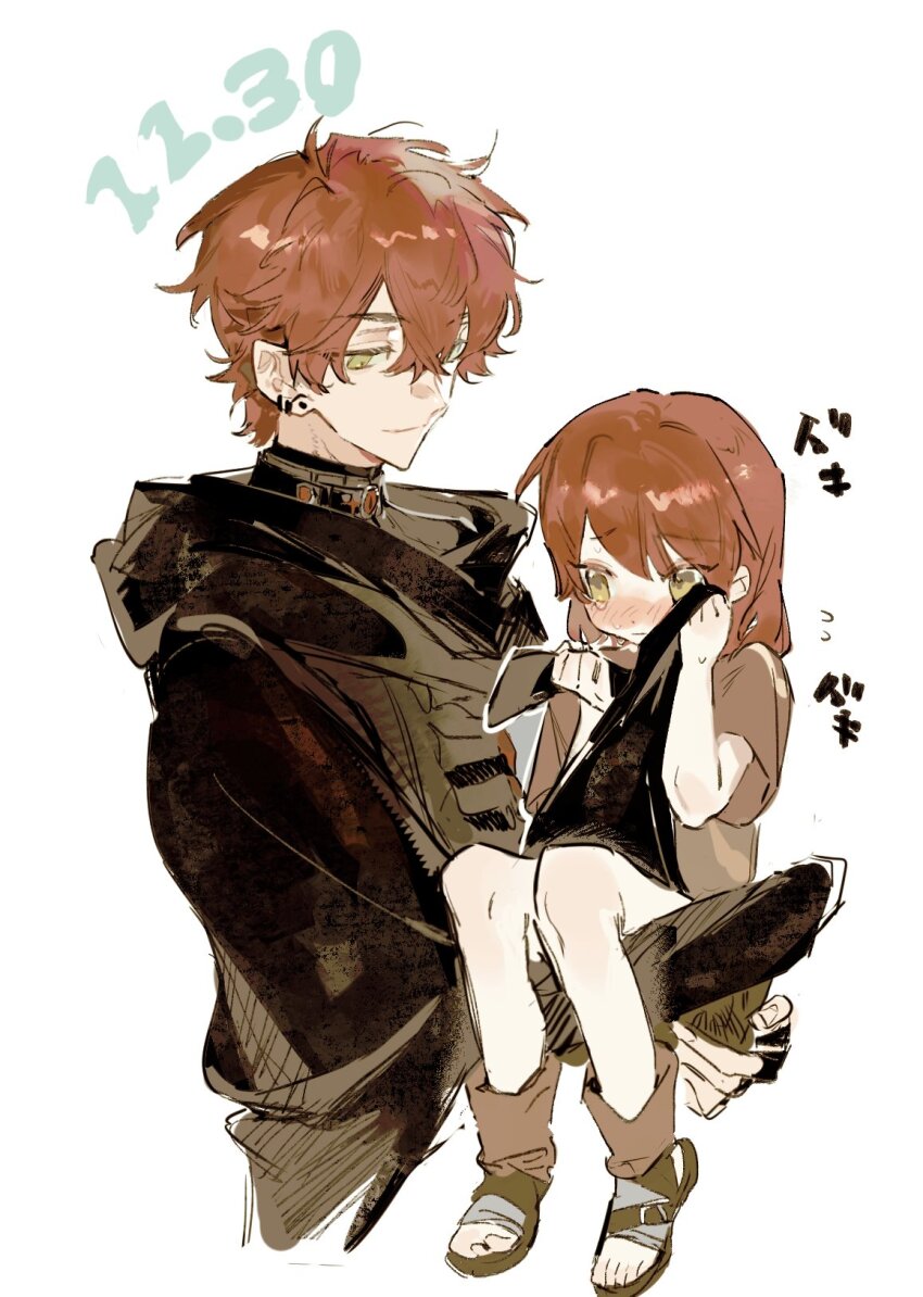 1boy 1girl blush carrying carrying_person crying crying_with_eyes_open earrings hair_between_eyes highres holding hood hood_down jacket jewelry long_sleeves original qyzhiaiyisheng red_hair sandals shirt short_hair short_sleeves smile tears white_background yellow_eyes