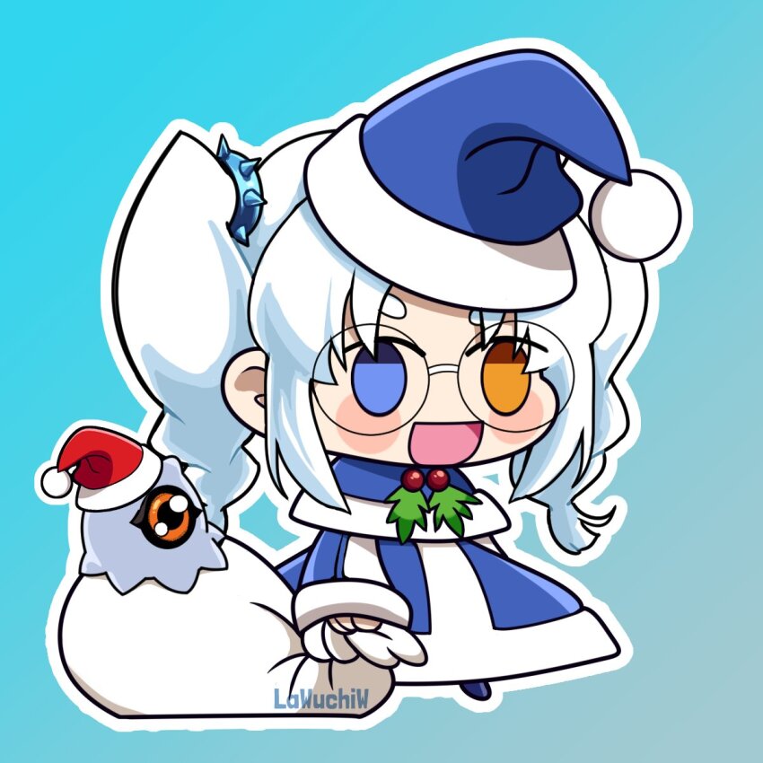 1girl christmas digimon digimon_rikollection female_focus glasses hat heterochromia kuramon meme nozomi_riko solo spikes white_hair