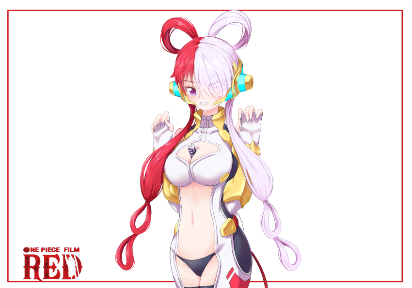 1girl between_breasts bodysuit breasts cleavage cleavage_cutout clothing_cutout fingerless_gloves gloves hair_over_one_eye headphones highres large_breasts long_hair medium_breasts multicolored_hair navel one_piece one_piece_film:_red panties purple_eyes red_hair solo split-color_hair two-tone_hair underwear uta_(one_piece) white_hair zerokun135
