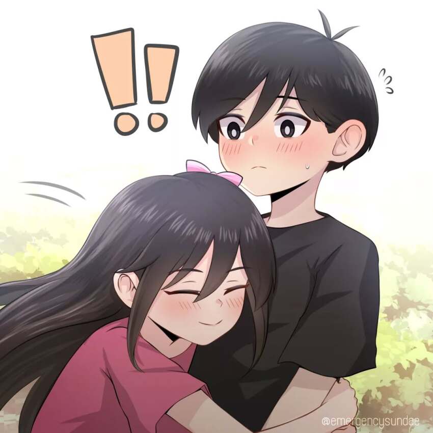 ! !! 1boy 1girl ^_^ aged_down antenna_hair aubrey_(faraway)_(omori) aubrey_(omori) black_eyes black_hair black_shirt blush bow bright_pupils bush child closed_eyes closed_mouth commentary double-parted_bangs downturned_eyes emergencysundae english_commentary flying_sweatdrops frown hair_behind_ear hair_between_eyes hair_bow hetero hug instagram_username long_hair looking_at_another nose_blush omori outdoors pink_bow pink_shirt shirt short_hair sky smile sunny_(omori) sweatdrop t-shirt upper_body very_short_hair white_pupils white_sky wind