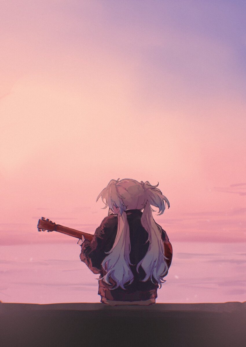 1girl black_jacket blonde_hair blue_hair dusk from_behind gradient_hair gradient_sky guitar highres holding holding_guitar holding_instrument instrument jacket l9525 link!_like!_love_live! long_hair long_sleeves love_live! low_twintails multicolored_hair orange_sky osawa_rurino purple_sky sitting sky solo twintails