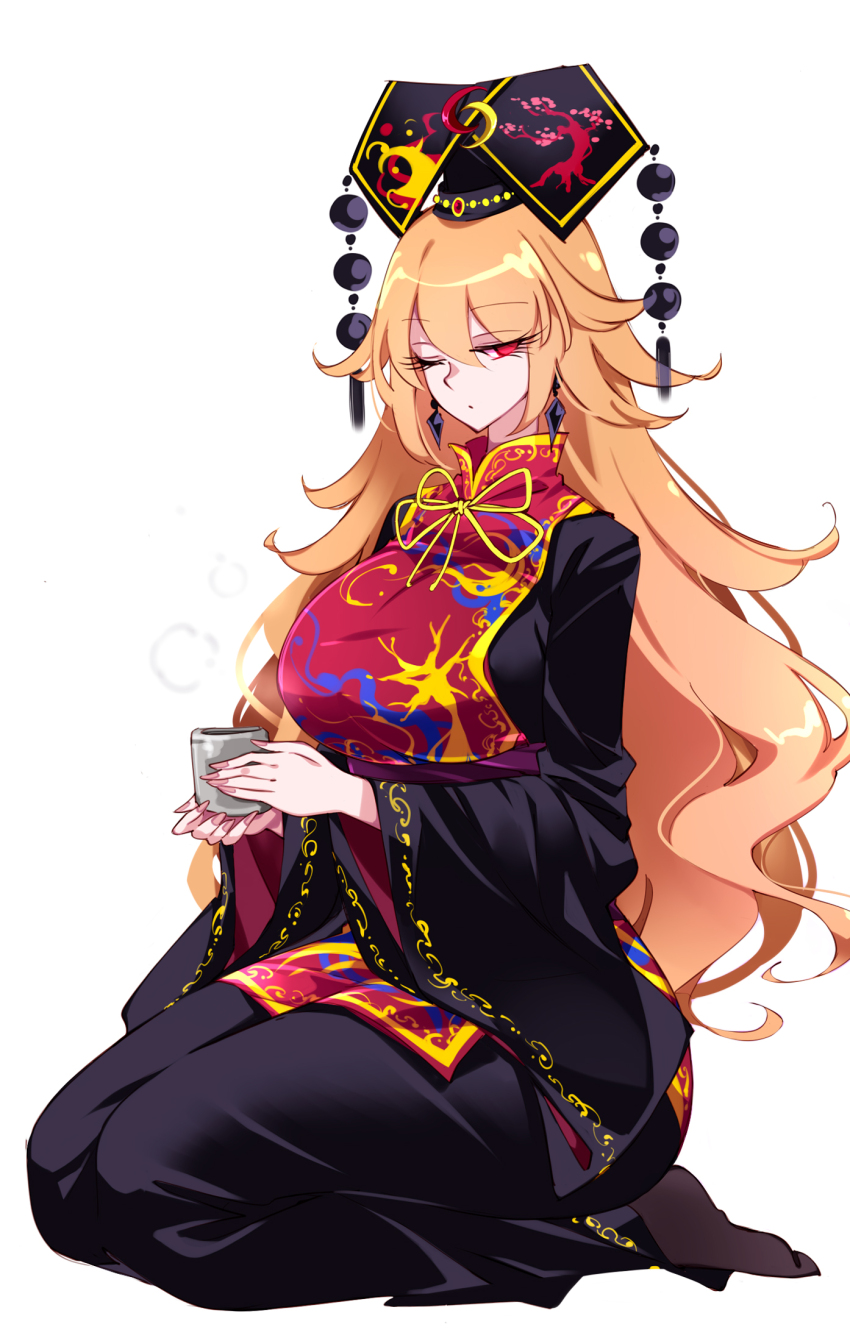 1girl black_dress black_pantyhose breasts cup dalachi_(headdress) dress earrings highres holding holding_cup jewelry junko_(touhou) junko_day large_breasts long_hair mandarin_collar neck_ribbon one_eye_closed orange_hair pantyhose pom_pom_(clothes) raptor7 red_eyes red_tabard ribbon seiza sitting solo tabard touhou