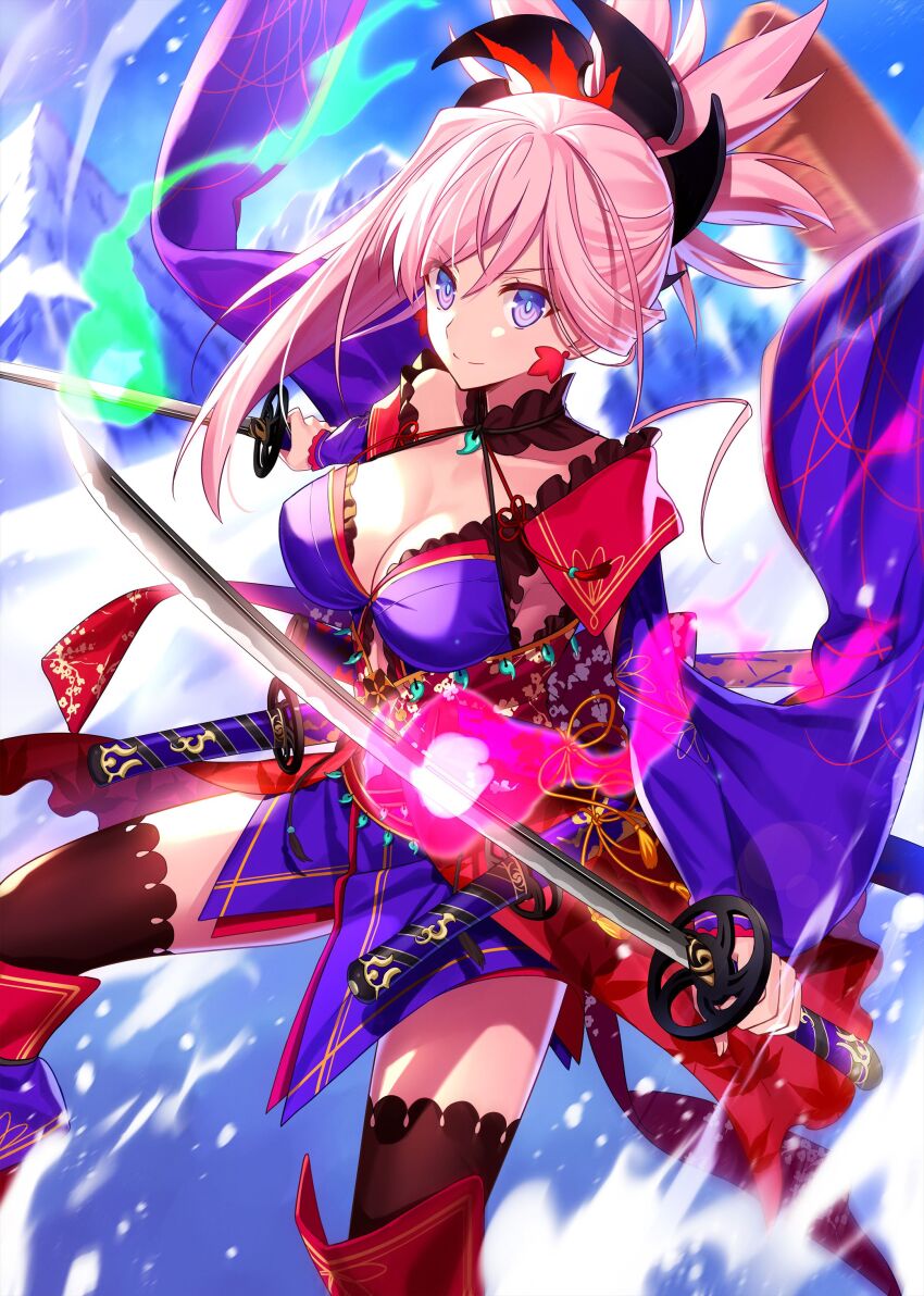 1girl absurdres bare_shoulders black_thighhighs blue_eyes blue_kimono blush breasts cleavage earrings fate/grand_order fate_(series) fuyuki_(neigedhiver) hair_ornament highres japanese_clothes jewelry katana kimono large_breasts long_hair long_sleeves looking_at_viewer magatama miyamoto_musashi_(fate) miyamoto_musashi_(third_ascension)_(fate) obi pink_hair ponytail sash short_kimono smile solo swept_bangs sword thighhighs thighs weapon wide_sleeves