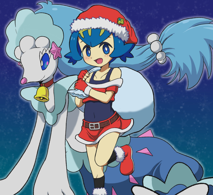 1girl :d alternate_costume belt black_socks blue_eyes blue_hair boots bright_pupils brown_belt collarbone commentary_request covered_navel cropped_shirt fingerless_gloves gen_7_pokemon gloves hairband hat highres holding holding_sack kneehighs knees lana_(pokemon) leg_up looking_at_viewer nintendo off-shoulder_shirt off_shoulder open_mouth pokemon pokemon_(anime) pokemon_(creature) pokemon_sm_(anime) primarina red_boots red_gloves red_hat red_shirt red_skirt sack santa_hat shirt short_hair skirt smile socks swimsuit swimsuit_under_clothes takamame tongue white_pupils yellow_hairband