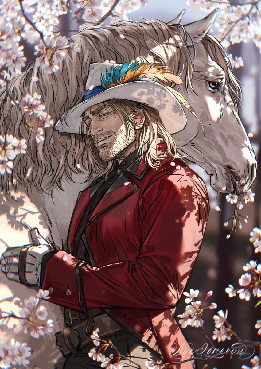 1boy absurdres animal animal_hug aquiline_nose arthur_morgan brown_hair chromatic_aberration commentary facial_hair gloves grey_eyes hat hat_feather highres horse jacket long_sleeves male_focus mature_male nose nyeigneous outdoors parted_lips red_dead_redemption_(series) red_dead_redemption_2 red_jacket solo upper_body white_gloves white_hat