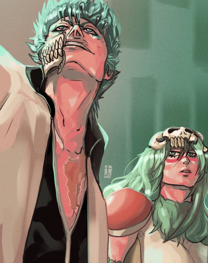 1girl bleach bleach:_sennen_kessen-hen breasts green_eyes green_hair grimmjow_jaegerjaquez highres large_breasts long_hair nao_(moonymiw) nelliel_tu_odelschwanck