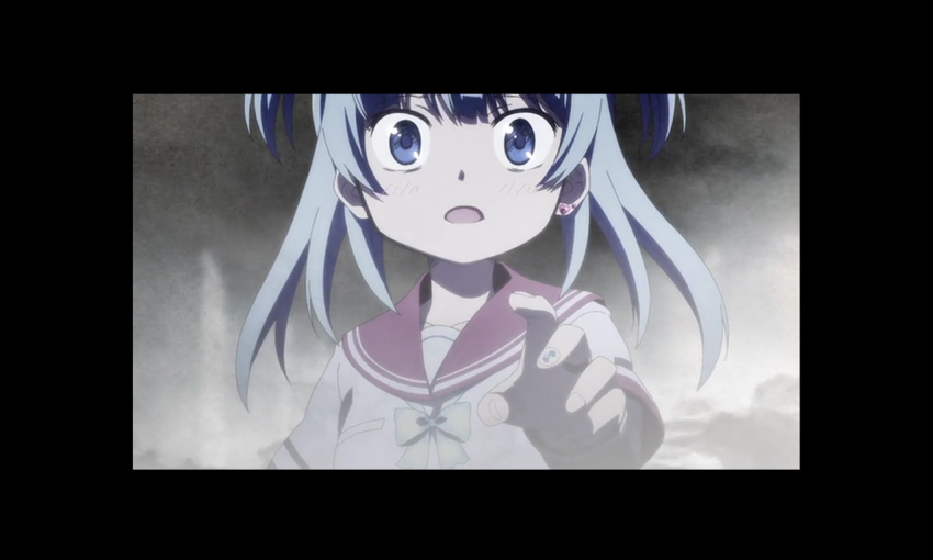 1girl anime_coloring aqua_bow aqua_bowtie artist_request black_border black_sleeves blue_eyes blue_hair border bow bowtie breast_press collarbone dot_nose earrings fingernails fog game_cg grey_background heart heart_earrings horrified jewelry kamihama_university_affiliated_school_uniform layered_sleeves long_hair long_sleeves looking_at_viewer magia_record:_mahou_shoujo_madoka_magica_gaiden mahou_shoujo_madoka_magica minami_rena nail_art nail_polish official_art outstretched_hand red_sailor_collar ring sailor_collar school_uniform shirt short_over_long_sleeves short_sleeves single_earring sleeves_past_wrists solo stud_earrings tareme two_side_up upper_body white_shirt wide-eyed