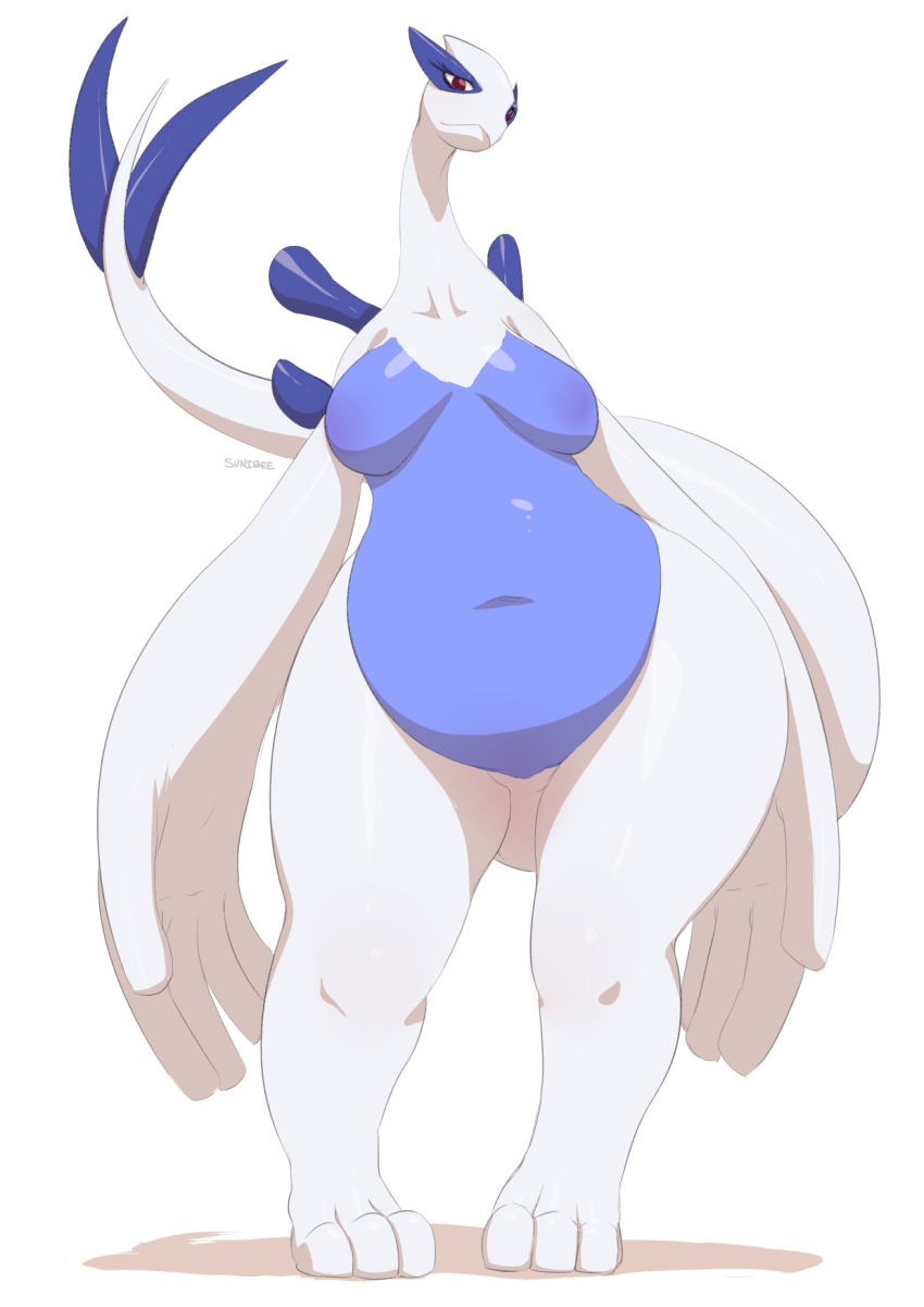 1girl animal_hands artist_name breasts feet female_focus full_body furry furry_female gen_2_pokemon half-closed_eyes highres legendary_pokemon looking_at_viewer lugia medium_breasts navel nintendo no_nipples no_pussy nude personification pigeon-toed plump pokemon pokemon_(creature) pokemon_gsc red_eyes shiny_skin signature simple_background solo source_request standing sunibee tail text_focus white_background