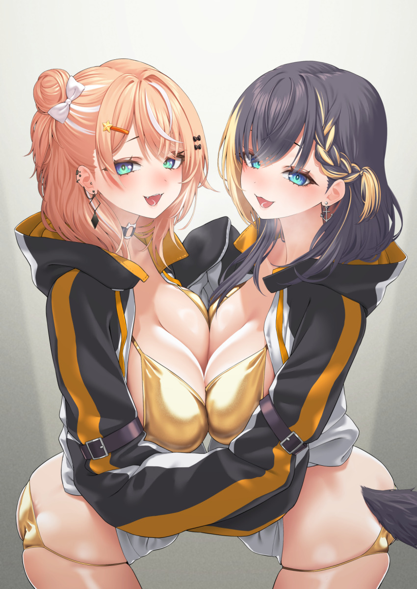 2girls :d anchor_earrings ass bikini black_hair black_jacket blonde_hair blue_eyes bow breast_press breasts butt_crack cleavage cosplay earrings gishu gold_bikini gradient_background grey_background hair_bow hair_bun highres igarashi_rika jacket jewelry large_breasts long_sleeves looking_at_viewer multicolored_hair multiple_girls nijisanji nijisanji_en open_clothes open_jacket open_mouth orange_hair petra_gurin petra_gurin_(1st_costume) petra_gurin_(cosplay) single_hair_bun smile swimsuit symmetrical_docking tail two-tone_hair virtual_youtuber white_bow white_hair