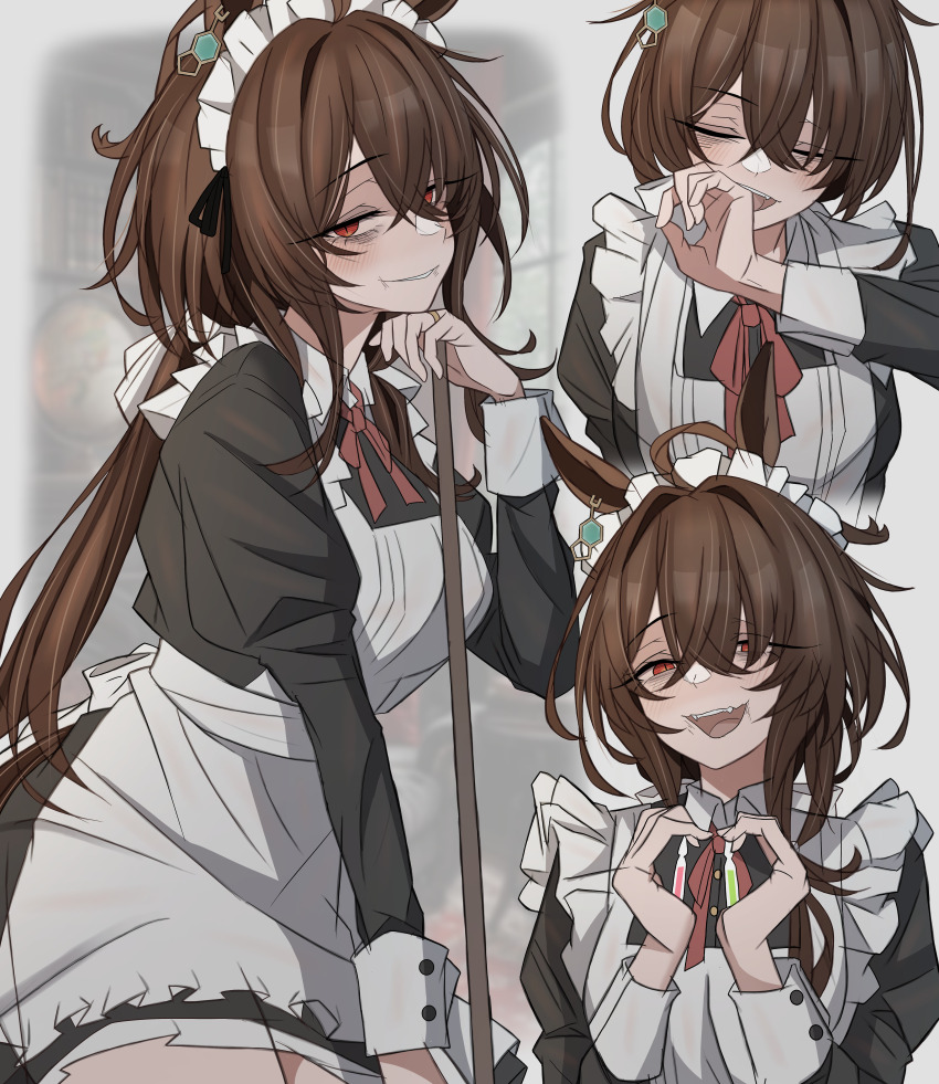 1girl absurdres agnes_tachyon_(umamusume) apron black_shirt bow bowtie broom brown_hair closed_eyes commentary_request half-closed_eyes heart heart_hands highres holding holding_broom horse_girl leogust long_hair long_sidelocks loose_bowtie maid maid_apron maid_headdress multiple_views open_mouth red_bow red_bowtie red_eyes shirt sidelocks skirt slit_pupils teeth umamusume upper_teeth_only white_apron white_background white_headdress white_sleeve_cuffs