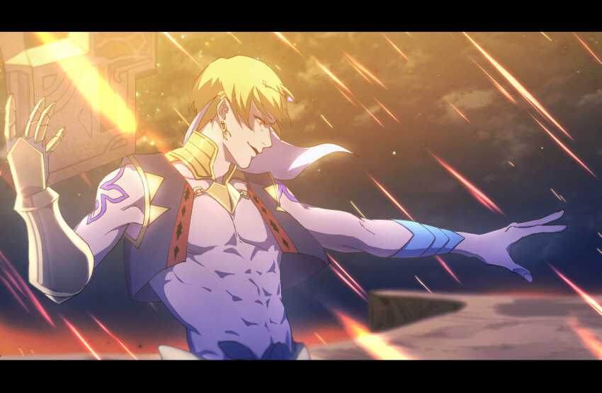 1boy abs bare_pectorals blonde_hair blue_vest commentary_request cropped_vest earrings fate/grand_order fate_(series) gauntlets gilgamesh gilgamesh_(caster)_(fate) gilgamesh_(fate) highres holding holding_stone_tablet jewelry letterboxed male_focus pectorals profile red_eyes single_gauntlet solo stone_tablet toned toned_male upper_body vest yanoooh