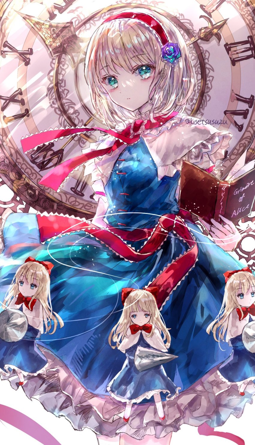 1girl alice_margatroid alternate_eye_color alternate_hair_color artist_name belt blonde_hair blue_dress blue_eyes blue_flower blue_rose blush book bow bowtie breasts brown_hair capelet clock closed_mouth commentary_request doll dress flower flying frills green_eyes grey_capelet grey_shirt hair_between_eyes hair_flower hair_ornament hairband hand_up hands_up highres light_brown_hair long_hair long_sleeves looking_at_viewer looking_to_the_side medium_breasts multicolored_flower multicolored_rose necktie open_book puffy_short_sleeves puffy_sleeves purple_flower purple_rose red_belt red_bow red_bowtie red_hairband red_necktie red_shoes rose shanghai_doll shirt shoes short_hair short_sleeves socks solo standing suzushina touhou weapon white_background white_socks