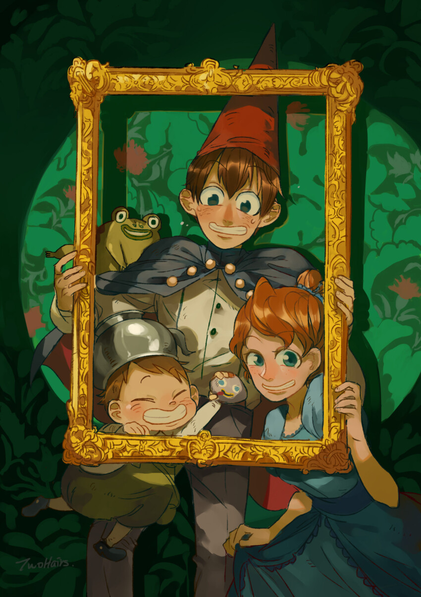 1girl 2boys animal artist_name beatrice_(over_the_garden_wall) blue_cape blue_dress brown_hair buttons cape child closed_eyes dress freckles frog green_background green_eyes gregory_(over_the_garden_wall) grey_pants grin hat highres long_sleeves mixed-language_commentary multiple_boys over_the_garden_wall pants puffy_short_sleeves puffy_sleeves red_hair red_hat shirt short_hair short_sleeves smile step-siblings sweatdrop swept_bangs teeth twohairs white_shirt wirt_(over_the_garden_wall)