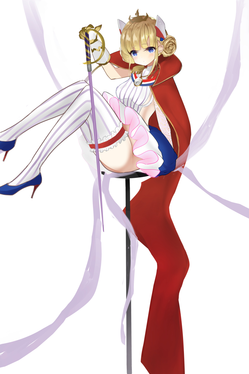 1girl absurdres azur_lane blonde_hair blue_eyes blue_shoes breasts cloak commission double_bun full_body gloves hair_bun headgear high_heels highres holding holding_sword holding_weapon le_triomphant_(azur_lane) long_hair looking_at_viewer pixiv_commission rapier red_cloak senzen_(ikusamae) shoes simple_background sitting small_breasts solo stiletto_heels striped_clothes striped_thighhighs sword thighhighs tutu vertical-striped_clothes vertical-striped_thighhighs weapon white_background white_gloves white_thighhighs
