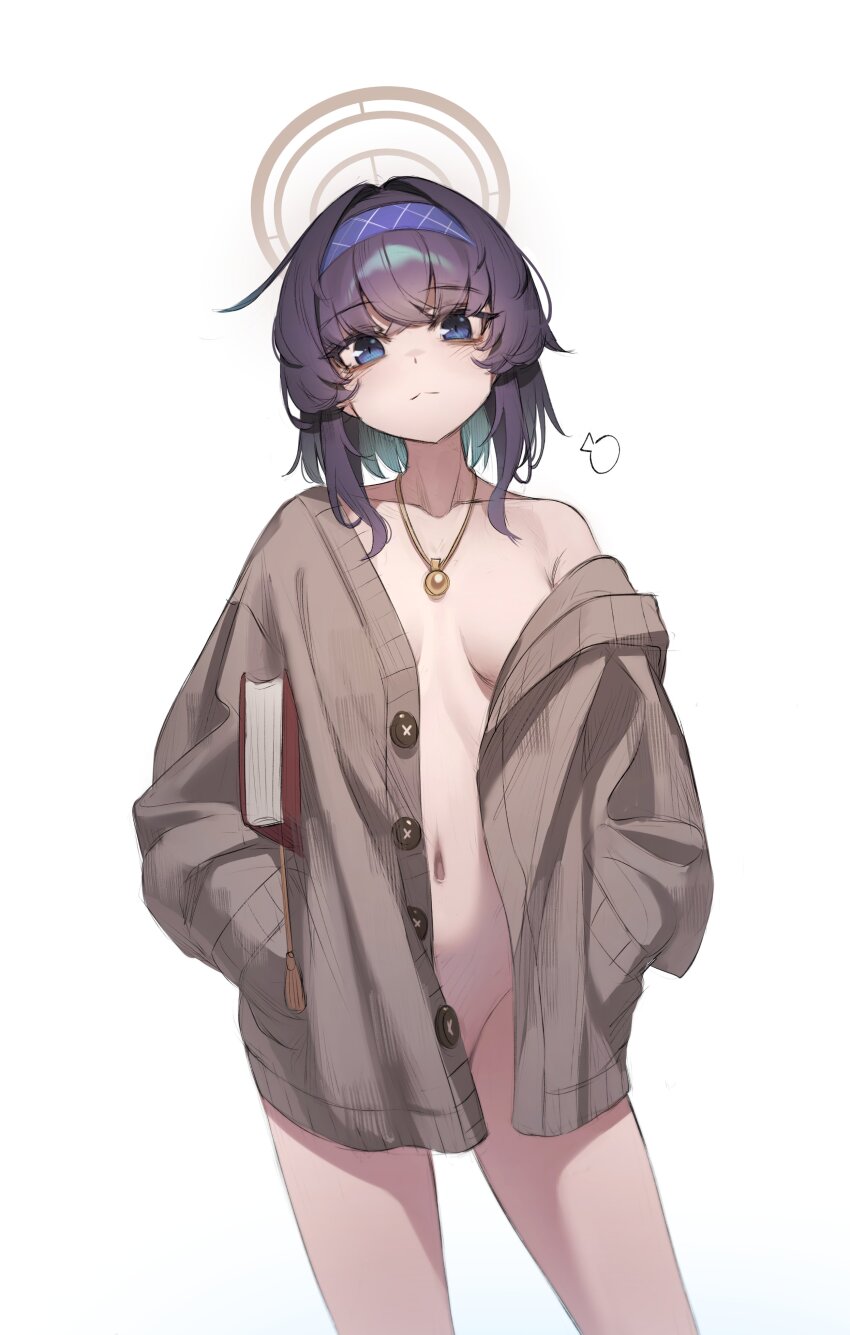 1girl absurdres alternate_hairstyle blue_archive book brown_cardigan brown_halo cardigan cowboy_shot crossed_bangs di_le_to expressionless hairband halo highres holding holding_book jewelry looking_at_viewer naked_cardigan navel necklace no_panties off_shoulder purple_hairband short_hair solo ui_(blue_archive) white_background