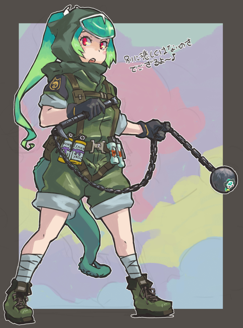 1girl absurdres alternate_costume bandaged_leg bandages bare_arms chain chameleon_tail commentary_request contemporary female_focus forehead_protector full_body gloves green_hair harness high_ponytail highres holding holding_weapon hood hood_up jacket kama_(weapon) kemono_friends kusarigama long_hair looking_at_viewer multicolored_hair open_mouth panther_chameleon_(kemono_friends) ponytail red_eyes scarf shoes short_sleeves shorts sickle solo standing tail teeth toriny translation_request two-tone_hair upper_teeth_only weapon