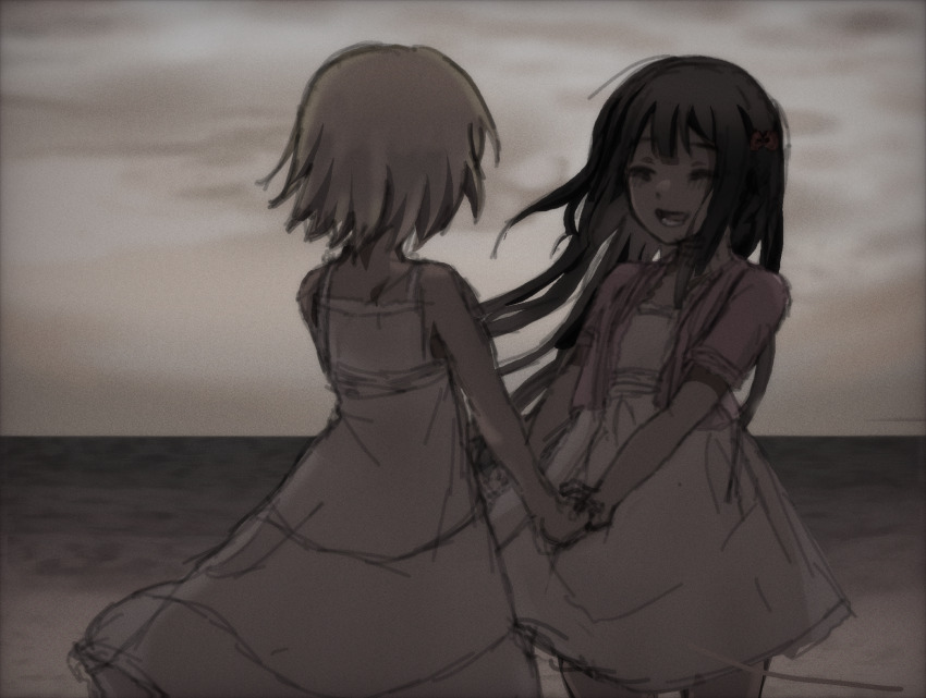 2girls black_hair bow braid cloud cloudy_sky dress hanamura_hinako highres holding_hands interlocked_fingers jacket kitanai_kimi_ga_ichiban_kawaii long_hair lower_teeth_only multiple_girls mydnam.art open_mouth pink_jacket red_bow sezaki_airi side_braid sky smile teeth water white_dress white_hair yuri
