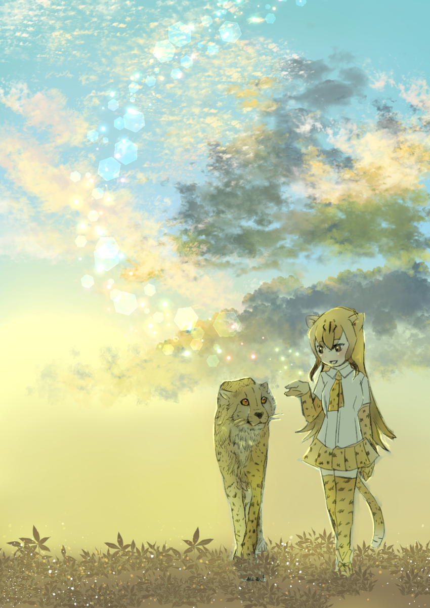 1girl animal animal_ears animal_print arm_at_side black_hair blonde_hair cheetah cheetah_(kemono_friends) cheetah_ears cheetah_girl leopard_print cheetah_tail collared_shirt colored_inner_hair creature_and_personification day elbow_gloves ena_jura full_body gloves hair_between_eyes hand_up highres kemono_friends long_hair looking_at_another miniskirt multicolored_hair necktie outdoors parted_bangs personification pleated_skirt print_gloves print_necktie print_skirt print_thighhighs scenery shirt shoes short_sleeves side-by-side skirt sky tail thighhighs very_long_hair walking white_shirt wing_collar yellow_eyes zettai_ryouiki