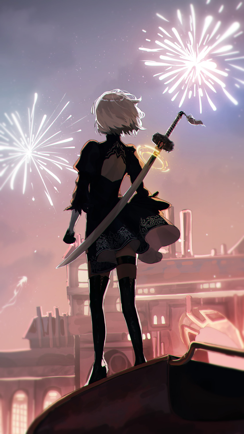 1girl 2b_(nier:automata) absurdres back_cutout black_boots black_dress black_gloves boots clenched_hand clothing_cutout dress fireworks floating floating_object floating_sword floating_weapon from_behind gloves high_heel_boots high_heels highres looking_up nier:automata nier_(series) panbalkon solo sword thigh_boots thigh_strap weapon white_hair