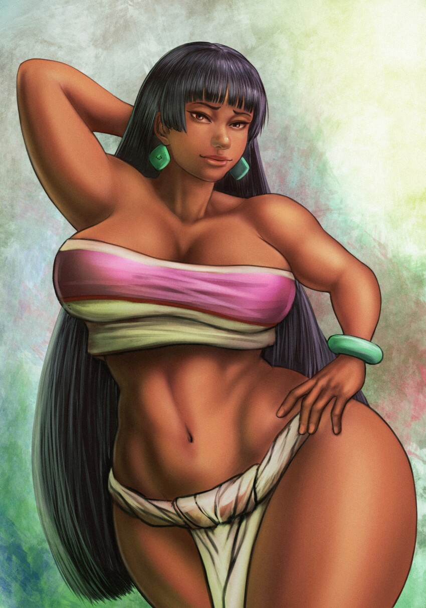 1girl absurdres breasts brown_eyes chel_(el_dorado) crop_top dark-skinned_female dark_skin earrings highres jewelry kagerou_zombie large_breasts loincloth long_hair the_road_to_el_dorado wide_hips