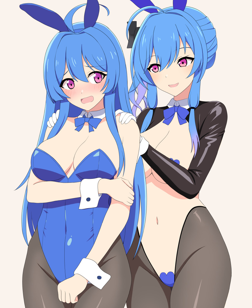2girls absurdres ahoge animal_ears azur_lane bare_shoulders blue_hair blue_leotard blush bow bowtie breasts cleavage clothing_cutout commentary_request covered_navel detached_collar elbow_gloves fake_animal_ears frontless_outfit gloves heart_maebari heart_pasties helena_(azur_lane) highleg highleg_leotard highres large_breasts latex leotard long_hair maebari medium_breasts meme_attire multiple_girls navel pantyhose pasties playboy_bunny purple_eyes rabbit_ears red_leotard revealing_clothes reverse_bunnysuit reverse_outfit shrug_(clothing) side_cutout side_ponytail smile st._louis_(azur_lane) strapless strapless_leotard sumiboshi_(zatsuha) thighs traditional_bowtie very_long_hair white_wrist_cuffs wrist_cuffs