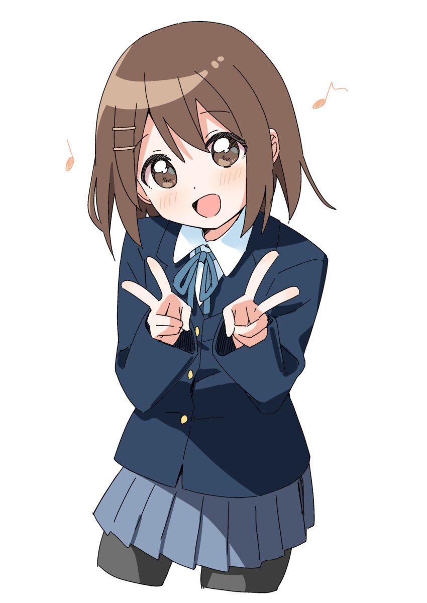 1girl :d black_pantyhose blazer blue_jacket blue_ribbon blue_skirt blush brown_eyes brown_hair commentary cowboy_shot dot_nose double_v hands_up haru_(konomi_150) highres hirasawa_yui jacket k-on! long_sleeves looking_at_viewer miniskirt musical_note neck_ribbon open_mouth pantyhose pleated_skirt ribbon sakuragaoka_high_school_uniform school_uniform short_hair simple_background skirt smile solo v white_background wing_collar winter_uniform