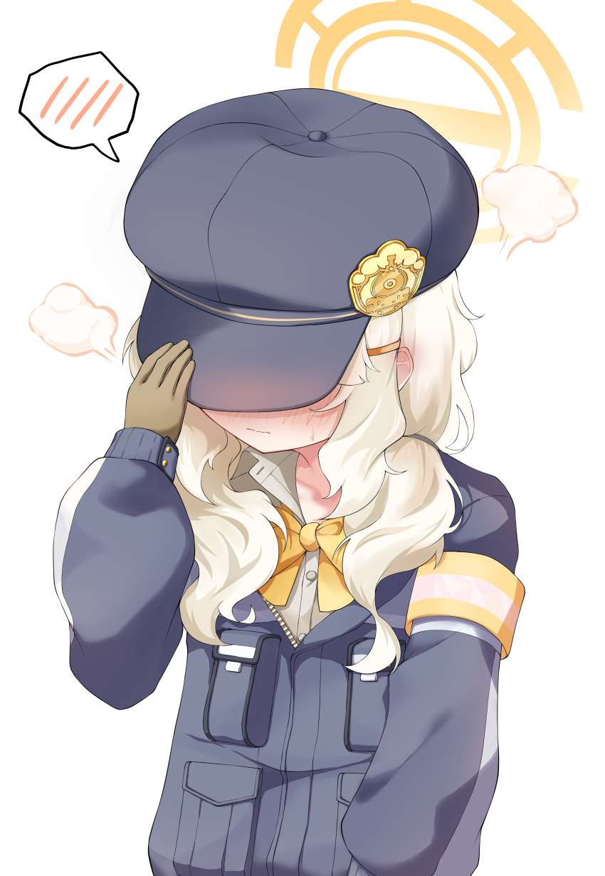 1girl absurdres aoba_(blue_archive) armband black_hat black_jacket blonde_hair blue_archive blush bow bowtie brown_gloves cabbie_hat closed_mouth commentary_request covering_own_eyes ear_blush fluffy_hair gloves halo hat hat_tug highres jacket long_hair long_sleeves orange_armband orange_bow orange_bowtie orange_halo simple_background solo spoken_blush upper_body white_background yoowaru