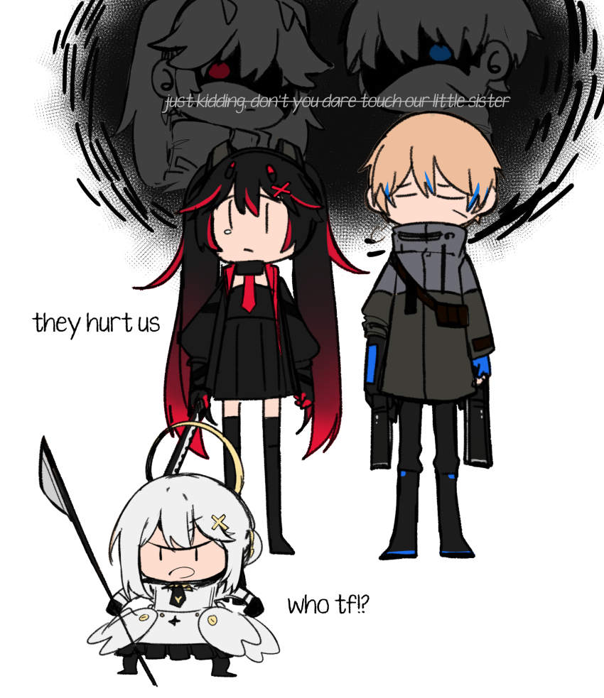 alternate_art_style anger chibi dochikun highres image_sample lee:_palefire_(pgr) lee_(pgr) liv:_empyrea_(pgr) liv_(pgr) lucia:_plume_(pgr) lucia_(pgr) pixiv_sample punishing:_gray_raven white_background