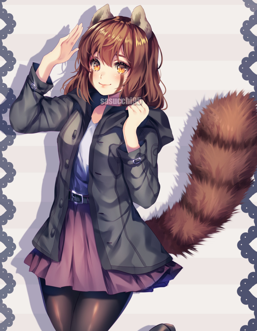 1girl absurdres animal_ears artist_name belt black_belt black_jacket black_pantyhose black_shoes blush brown_tail clenched_hand closed_mouth commentary commission cowboy_shot double-parted_bangs drop_shadow english_commentary facial_mark grey_background hair_between_eyes hands_up highres hood hood_down hooded_jacket jacket lips long_sleeves looking_at_viewer medium_hair miniskirt open_clothes open_jacket original pantyhose pleated_skirt purple_skirt raccoon_ears raccoon_girl raccoon_tail sasucchi95 shirt shoes simple_background skirt slit_pupils smile solo standing standing_on_one_leg striped_background tail white_shirt yellow_eyes