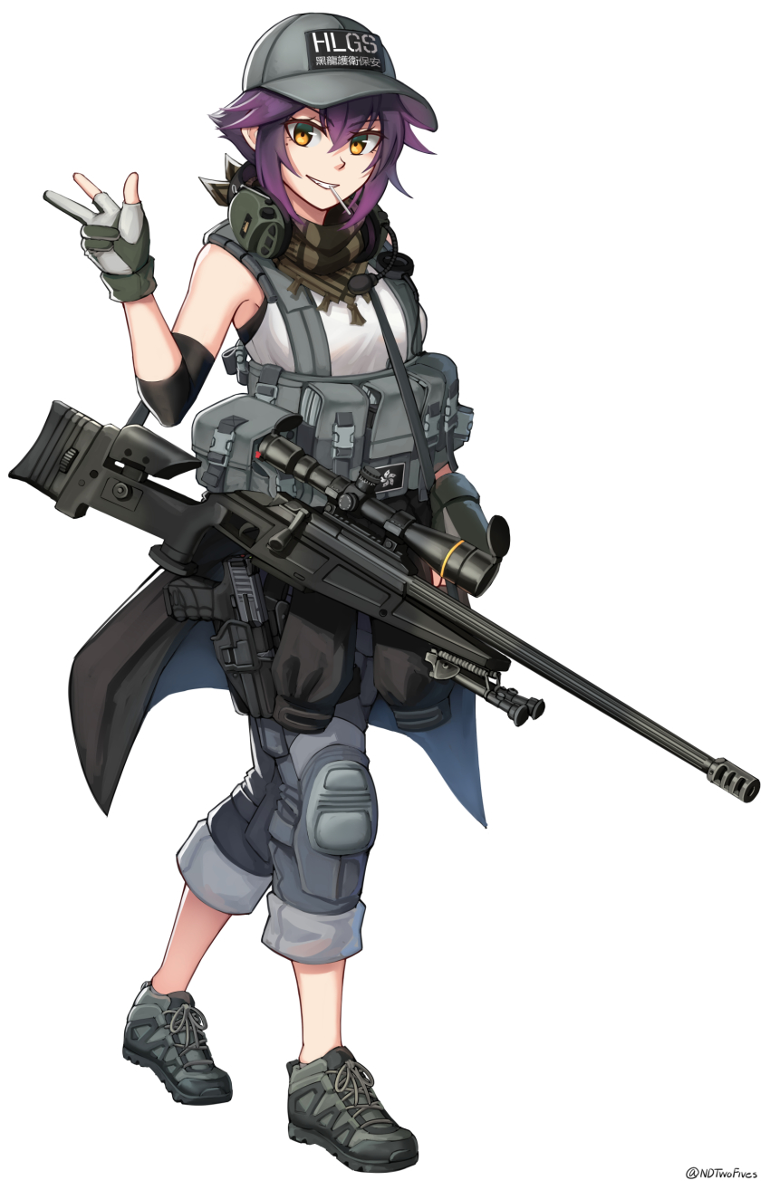 1girl absurdres bare_shoulders baseball_cap black_jacket blaser_r93 bolt-action_rifle bolt_action breasts clothes_around_waist clothes_writing commentary_request ear_protection full_body gloves grey_gloves grey_hat grey_pants grey_shoes grin gun h&amp;k_vp9 hand_up handgun hat highres jacket jacket_around_waist looking_at_viewer military_program mouth_hold ndtwofives original pants partially_fingerless_gloves precision_sniper_rifle_(military_program) prototype_design purple_hair rifle shirt shoes short_hair simple_background sleeveless sleeveless_shirt small_breasts smile sniper_rifle solo standing straight-pull_rifle straight_pull twitter_username weapon white_background white_shirt