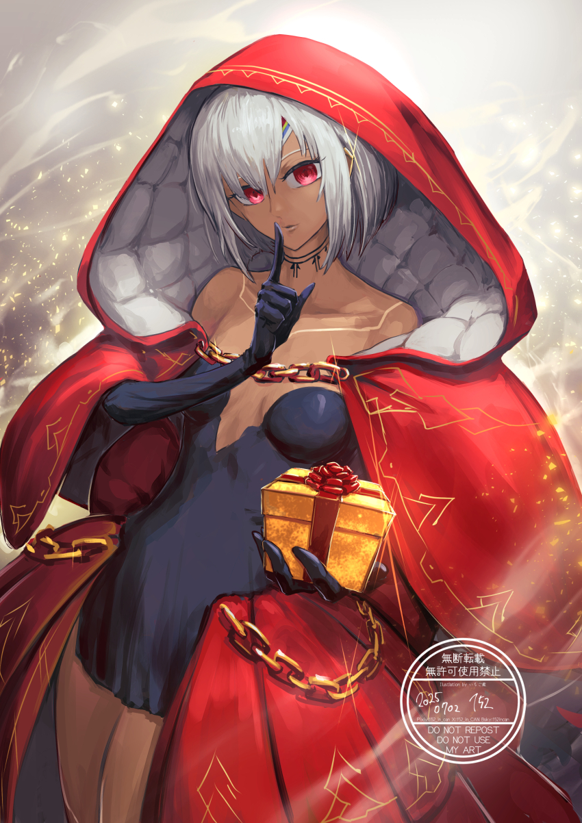 152_in_can 1girl altera_(fate) altera_the_santa_(fate) artist_name bare_shoulders barefoot black_mittens box breasts chain cloak collarbone dark-skinned_female dark_skin dated detached_sleeves dress fate/grand_order fate_(series) finger_to_mouth full-body_tattoo full_body gift gift_box hair_between_eyes hand_up highres holding holding_gift hood hood_up hooded_cloak index_finger_raised light_particles looking_at_viewer mittens off_shoulder open_clothes outstretched_arm outstretched_hand parted_lips reaching reaching_towards_viewer red_cloak red_eyes short_hair shushing signature small_breasts smile solo spread_fingers standing strapless strapless_dress tattoo watermark white_hair