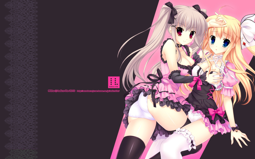 00s 2girls black_legwear breasts couple female_focus grabbing_another&#039;s_breast groping indico_lite kiddy_grade lingerie mitha multiple_girls panties pink_outfit socks thighhighs underwear white_legwear yuri