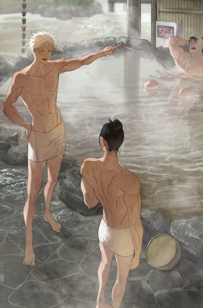 3boys abs bath bathing blue_eyes bucket closed_eyes from_behind full_body fushiguro_touji getou_suguru gojou_satoru hand_on_own_hip highres jujutsu_kaisen male_focus multiple_boys naked_towel naspibon_ox navel no_nipples onsen open_mouth partially_submerged pectorals pointing same-sex_bathing shared_bathing standing toned toned_male topless_male towel towel_on_head water wet_towel white_hair wooden_bucket
