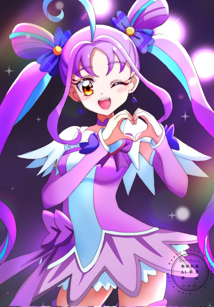 1girl ahoge boots bow breasts brooch choker cosplay cure_kyunkyun cure_sword cure_sword_(cosplay) dokidoki!_precure hair_ornament heart heart_brooch heart_hands highres idol_heart_brooch jewelry kimi_to_idol_precure long_hair looking_at_viewer magical_girl momotarouooi one_eye_closed precure purple_arm_warmers purple_bow purple_choker purple_hair purple_skirt purple_thighhighs season_connection shigure_kokoro skirt smile stage_lights thighhighs twintails watermark yellow_eyes