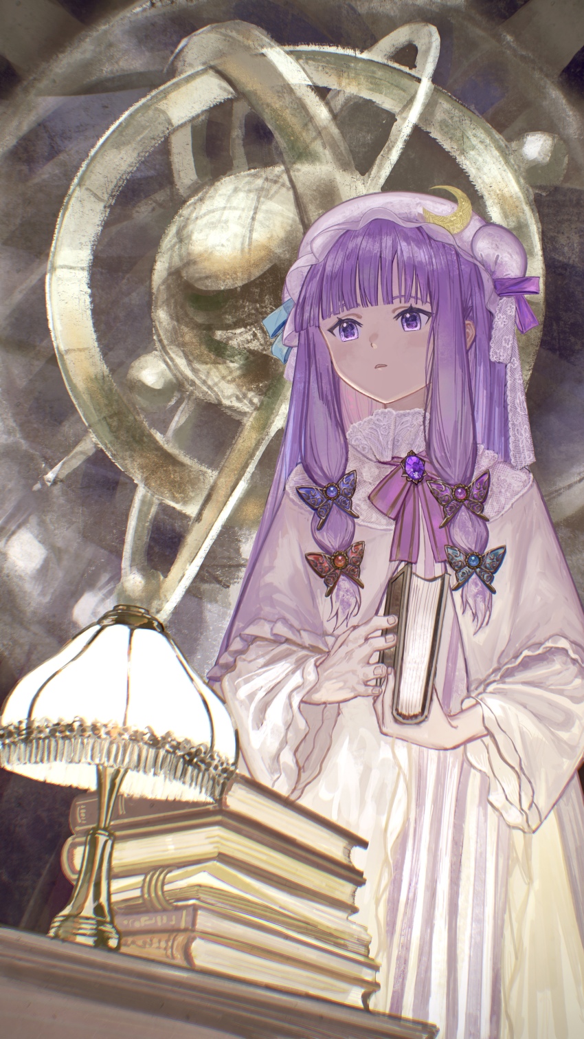 1girl absurdres armillary_sphere book crescent crescent_hat_ornament dress hat hat_ornament highres holding holding_book lamp long_hair mob_cap parted_lips patchouli_knowledge purple_dress purple_eyes purple_hair purple_hat sly930105 solo touhou