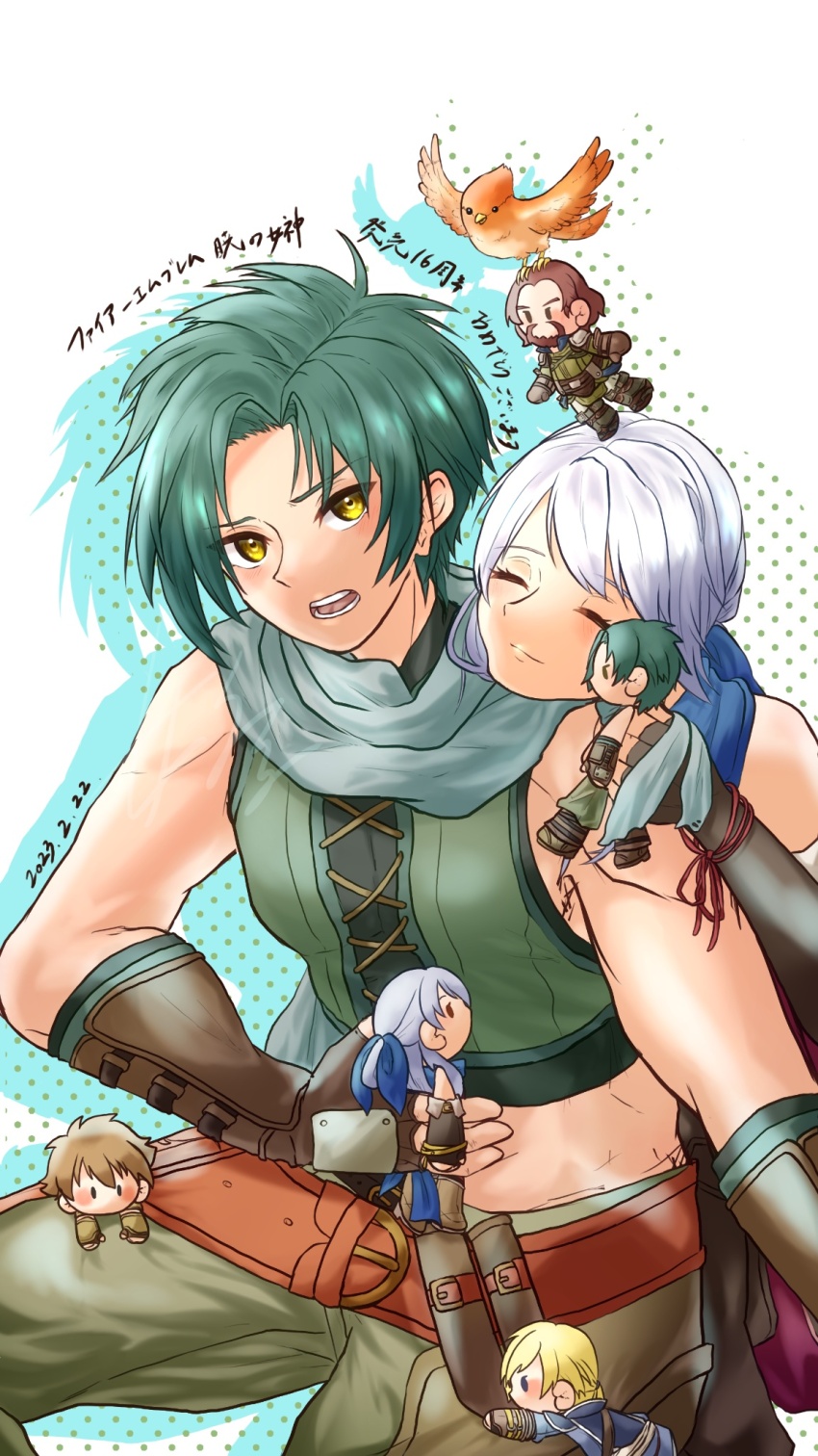 1boy 1girl anniversary bare_shoulders belt bird black_gloves blue_scarf character_doll closed_eyes doll edward_(fire_emblem) elbow_gloves fingerless_gloves fire_emblem fire_emblem:_radiant_dawn gloves green_hair grey_hair hair_ribbon highres leonardo_(fire_emblem) long_hair micaiah_(fire_emblem) midriff nintendo nolan_(fire_emblem) pants ribbon scarf sifil_amfr smile sothe_(fire_emblem) translation_request white_scarf yellow_eyes yune_(fire_emblem)