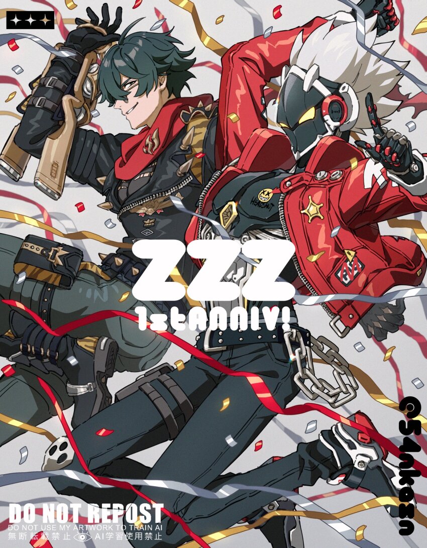 2boys ahoge anniversary arm_up artist_name belt belt_buckle billy_kid black_belt black_boots black_gloves black_jacket black_pants blue_pants boots buckle chain commentary_request confetti cropped_jacket gloves green_eyes green_hair grey_background grin hair_over_one_eye hand_up highres humanoid_robot index_finger_raised jacket jumping lapels leather leather_jacket lighter_(zenless_zone_zero) long_sleeves looking_at_viewer male_focus multiple_boys one_eye_covered open_clothes open_jacket pants parted_bangs pouch red_jacket red_scarf robot robot_boy s54nkasn scarf sheriff_badge short_hair sideways_glance smile spiked_belt spiked_hair spiked_jacket spikes streamers studded_belt sunglasses thigh_pouch thigh_strap twitter_username v-shaped_eyebrows wallet_chain watermark white_hair yellow_eyes zenless_zone_zero zipper
